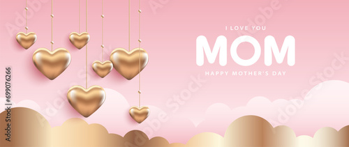 Delicate pink Mother's Day card with voluminous realistic bronze hearts and delicate clouds.