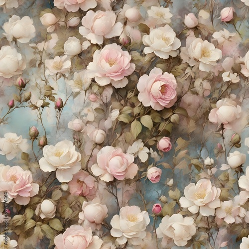 Pink rose flowers seamless pattern, old vintage botanical floral pattern, grunge Victorian style watercolor oil painting illustration, faded and stained old style pattern, digital paper for scrapbook