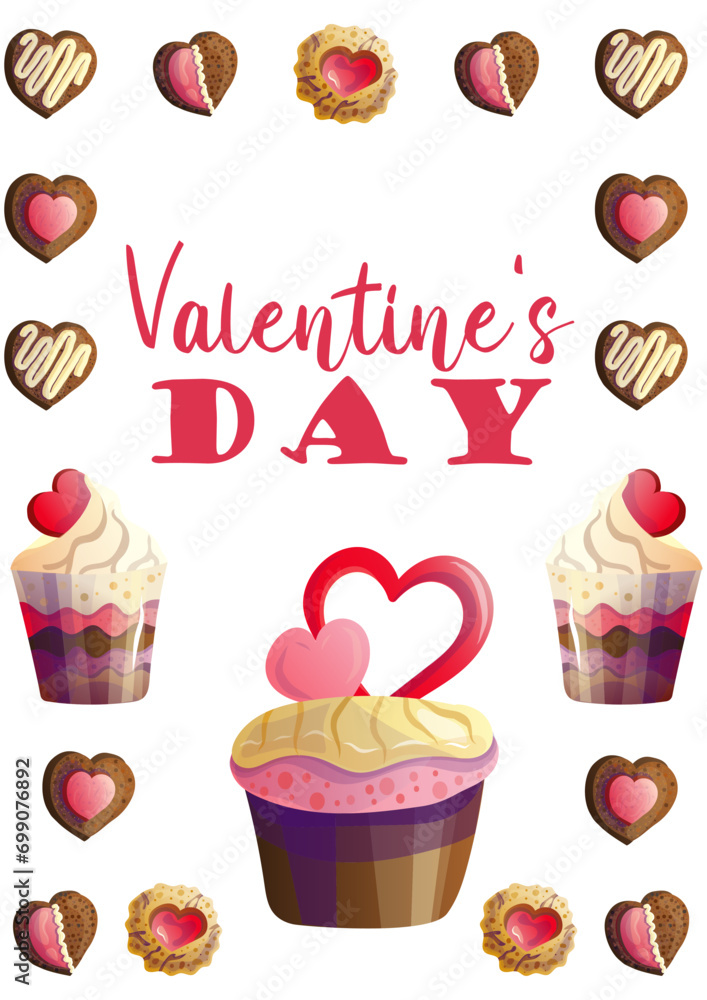 Vertical composition with cakes and cookies with hearts and the inscription Valentine's Day, a delicious collection for a festive mood. for decorate the sweet menu in the restaurant Vertical composition with cakes and cookies with hearts and the inscription Valentine's Day, a delicious collection for a festive mood. for decorate the sweet menu in the restaurant