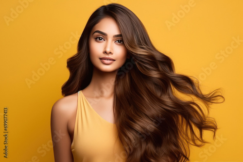 Young indian woman with hair flying on colorful background