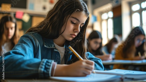 Student teenager take exam at classroom