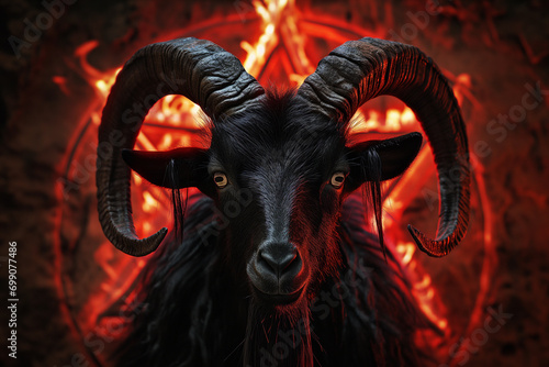 A black big horned goat back lit by a glowing fiery pentagram - black and red misty background - Esoteric black magic fantasy concept art - witchcraft and cultism - summoning the devil ritual 