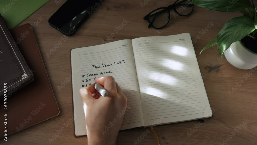 A hand writes a plan for the next year with a black felt-tip pen in a notebook. The concept of planning, motivation and setting goals for the next year. This year I will