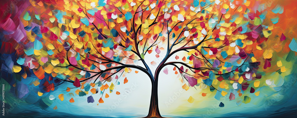 Colorfull tree or rainbow leaves on wide banner. copy space for text.
