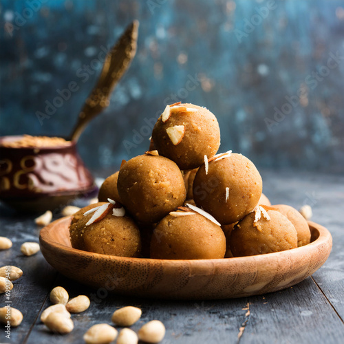 churma ladoo / atta laddoo / wheat flour laddu made using ghee and jaggery or sugar. selective focus photo