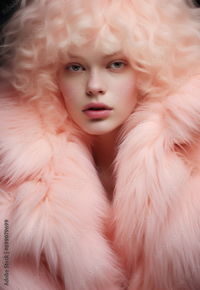portrait of beautiful young woman with fluffy coat in trendy peach fuzz color, ai generated portrait of beautiful young woman with fluffy coat in trendy peach fuzz color, ai generated