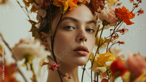  beautiful young woman with flowers, spring fashion, ai generated photo