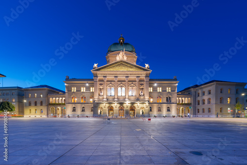 Bern, Switzerland with the Federal Palace of Switzerland at Blue Hour