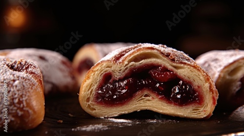 A crosssection shot reveals the inner layers of a cherry rugelach. The rubyred fillings gently peek through the tender, doughy spiral, inviting you to take a bite and savor the juicy sweetness. photo