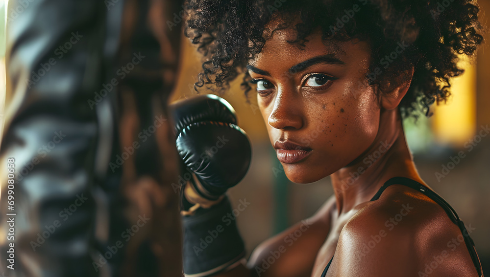 A close-up of a beautiful athletic black woman boxing and hitting a punching bag, representing female empowerment during Black History Month, - obrazy, fototapety, plakaty 