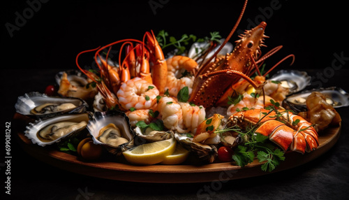 Fresh seafood plate with prawn, scallop, and mussel appetizer generated by AI