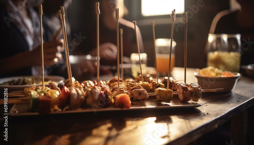 Grilled skewers of meat on a barbecue, a gourmet meal generated by AI photo