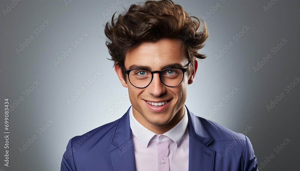 One confident businessman, smiling with a toothy smile, looking at camera generated by AI One confident businessman, smiling with a toothy smile, looking at camera generated by AI