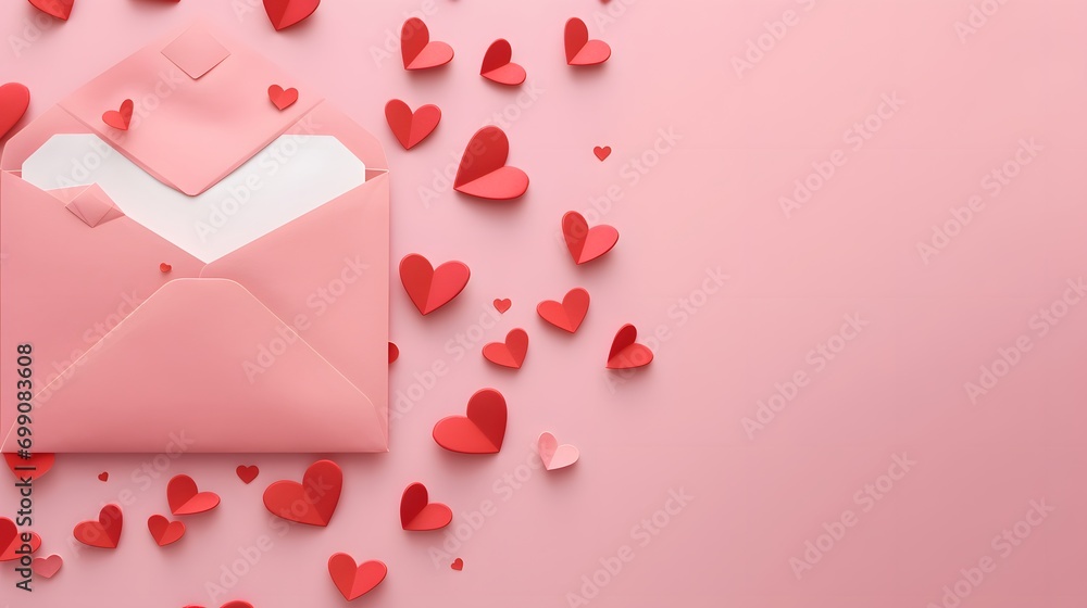 love letter envelope overflowing with paper craft hearts - flat lay on pink valentines or anniversary background with copy space