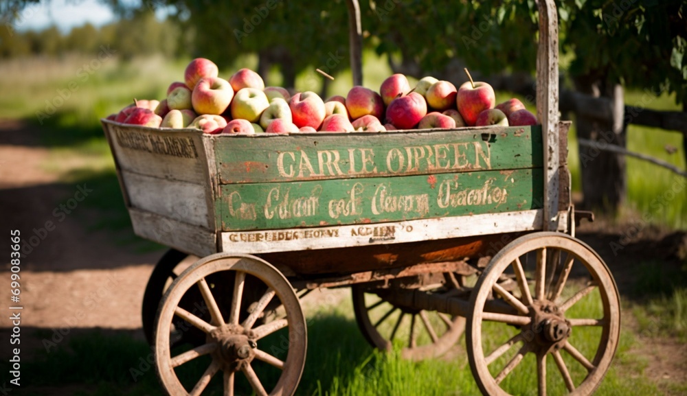 Freshly picked apples in a rusty wooden cart arranged beautifully. Ready to go out to be sold. Isolated natural backdrop. An organic shot - AI Generative