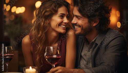 Young couple enjoying a romantic night out, smiling and drinking generated by AI