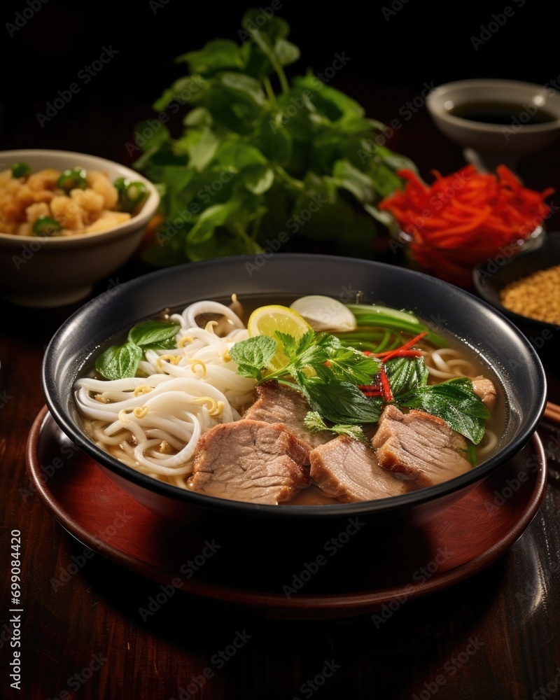 Captivating aromas rise from a bowl of pho, featuring aromatic es and savory bone broth, intertwining with thick s of juicy pork belly, topped with a medley of sliced onions and spring onions, Captivating aromas rise from a bowl of pho, featuring aromatic es and savory bone broth, intertwining with thick s of juicy pork belly, topped with a medley of sliced onions and spring onions,