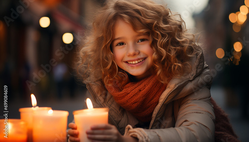 Smiling girl enjoys winter night, surrounded by Christmas lights generated by AI