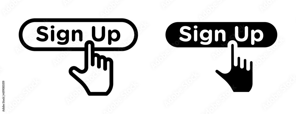 Signup vector icon set. Register click button vector icon for UI designs. Apply or registration vector sign for UI designs. - obrazy, fototapety, plakaty 