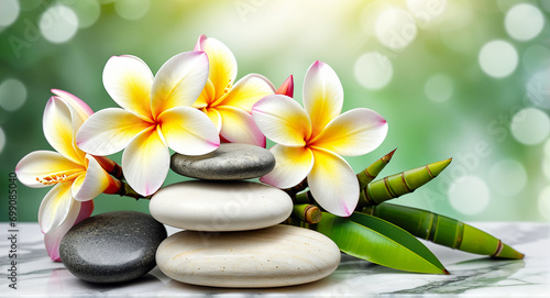 Flat stones with plumeria flowers and bamboo on a table with a blurred background.
