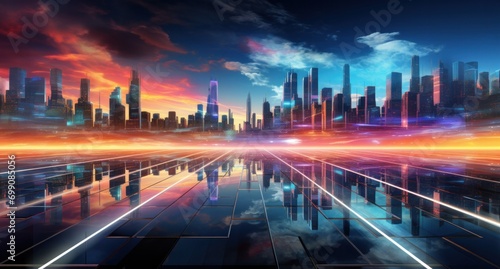 ai, network, technology, artificial intelligence, energy, innovation, future, digital, link, tech. abstract futuristic cityscape with towering skyscrapers and neon lights in the blue sky, via AI gen.
