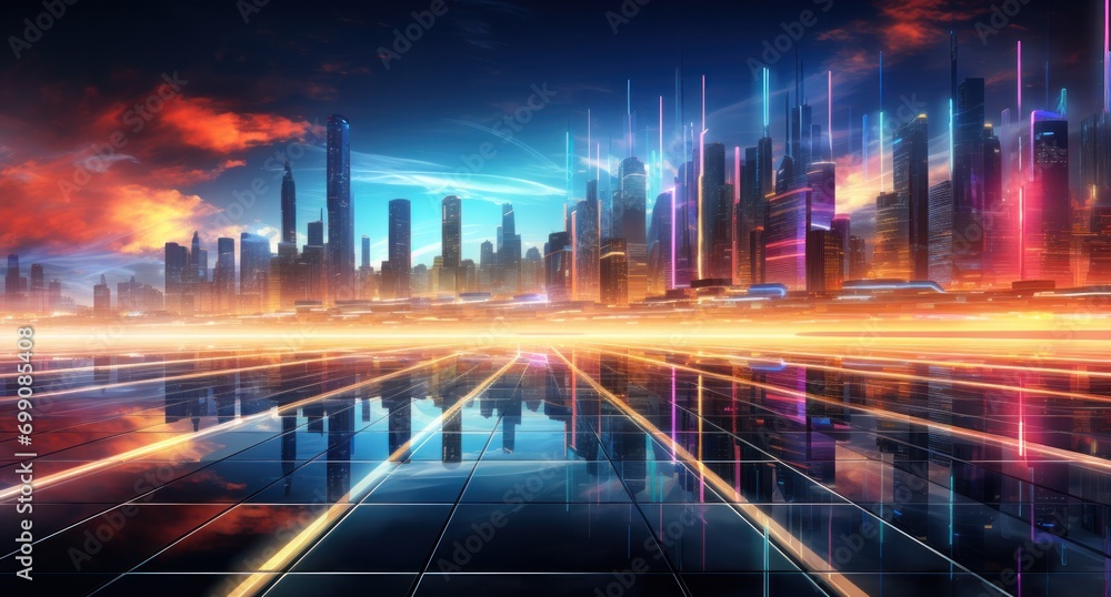 ai, network, technology, artificial intelligence, energy, innovation, future, digital, link, tech. abstract futuristic cityscape with towering skyscrapers and neon lights in the blue sky, via AI gen. ai, network, technology, artificial intelligence, energy, innovation, future, digital, link, tech. abstract futuristic cityscape with towering skyscrapers and neon lights in the blue sky, via AI gen.