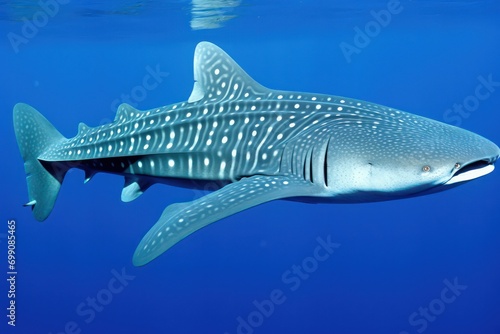 An image capturing the whale shark's signature pattern of spots and stripes on its back, a distinctive feature that aids researchers in identifying and studying individual shark