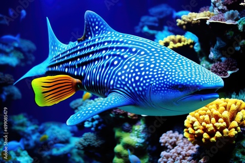 An image of a whale shark swimming gracefully through the water, surrounded by the vibrant colors of a coral reef, showcasing the harmony of life in the underwater worl