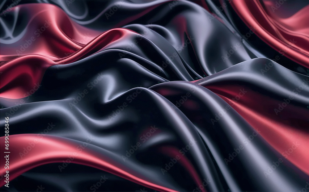Red and black fabric with chaotic folds with a metallic sheen like silk.