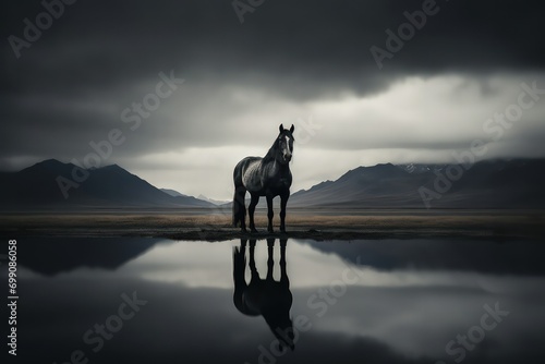 A majestic horse near the water's edge, its image mirrored in the wet sand, creating a reflective and artistic portrayal of its presence at the beac photo