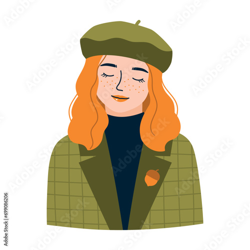 Vector illustration of a portrait of a beautiful girl with red hair in a beret. Isolated on white background