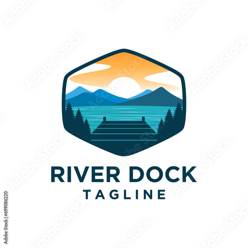 Dock and lake logo design creative idea inspiration, Construction dock repair houseboat logo design