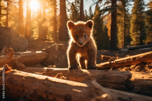 A cute bear cub tentatively stepping over a fallen log, displaying its cautious yet curious nature as it explores its surrounding photo