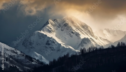 Snow capped mountains, icy peaks, tranquil forests, panoramic landscapes, majestic beauty generated by AI © Stockgiu
