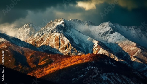 Majestic mountain peak, snow covered landscape, panoramic beauty in nature generated by AI