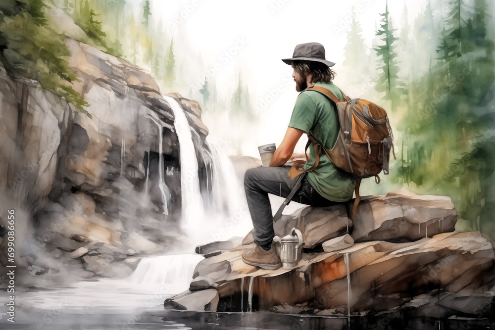 Tourist hipster with backpack in active trekking clothes sitting near mountain river waterfall