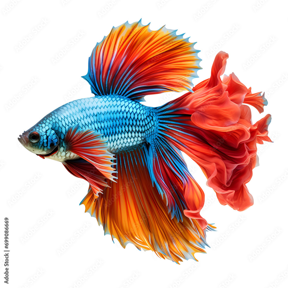 Fototapeta premium A Colorful Betta Fish, Siamese Fighting Fish in Action: Swimming Photography, Isolated on Transparent Background, PNG