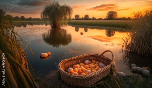 Freshly picked apricots in a stray basket arranged beautifully placed on a rock with a serene lake in the background. An organic shot - AI Generative
