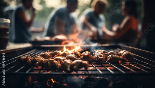 Group of people grilling meat outdoors, enjoying a summer barbecue generated by AI photo