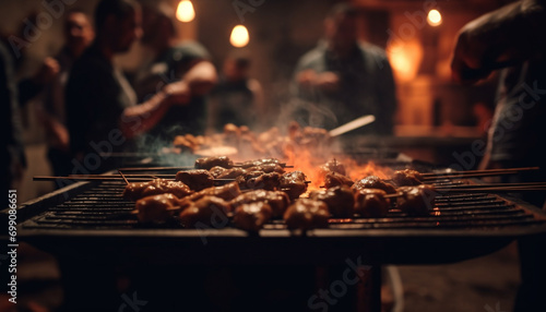 Grilled meat on skewer, flame glowing, outdoor barbecue party generated by AI
