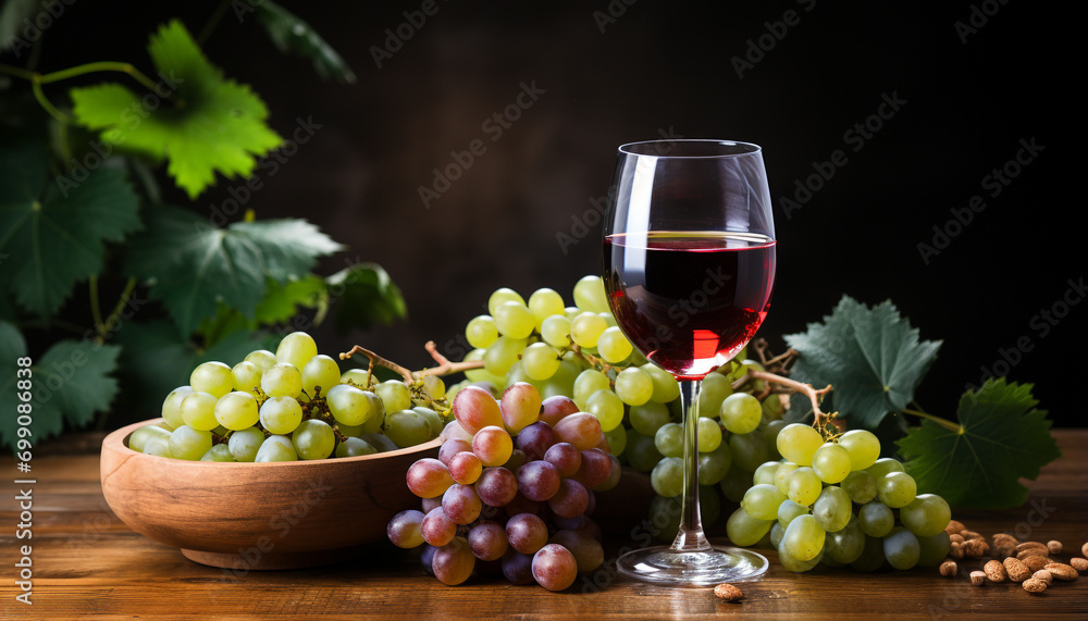 Fresh grape bunch on rustic wooden table, nature gourmet snack generated by AI