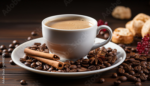 Fresh coffee bean on wooden table, hot drink in mug generated by AI
