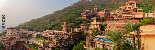 Neemrana Fort Palace - 15th century Fort located in Neemrana in Alwar Rajasthan India. Old medieval Fort-Palace built on Aravalli hills. Perfect weekend getaway from Delhi. Famous Luxury Resort India.