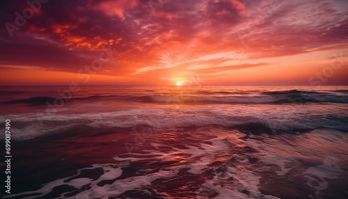 Sunset over the water, nature beauty reflected in tranquil waves generated by AI