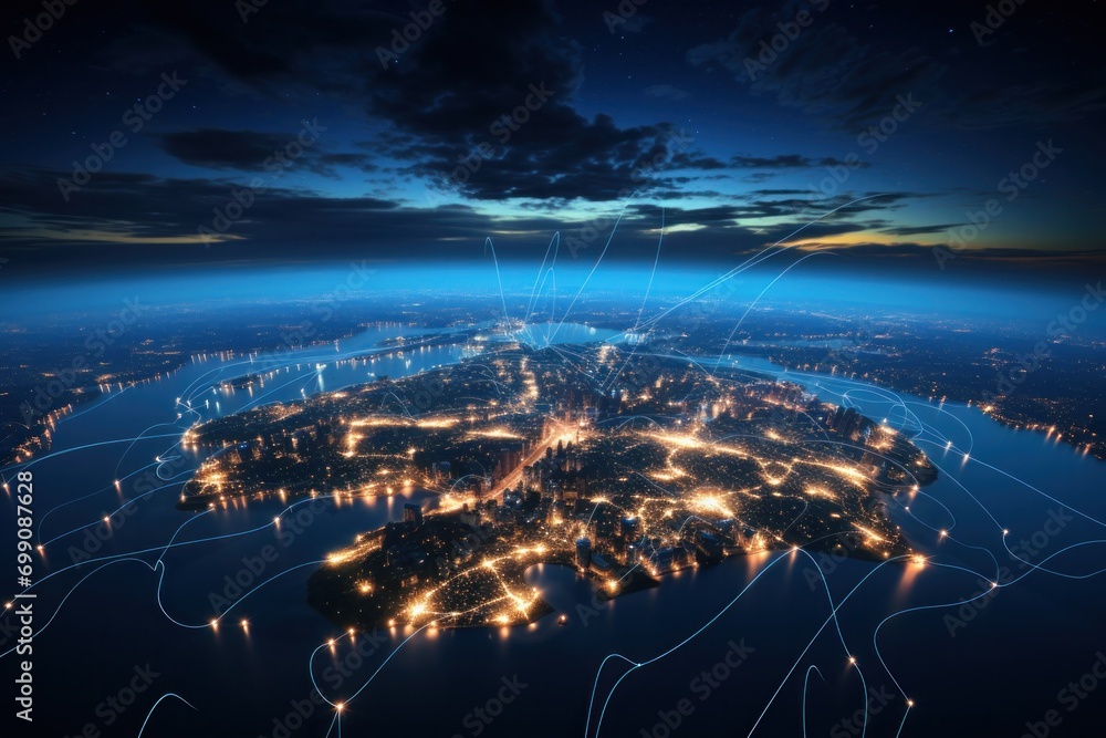 communication, connect, connection, digital, network, technology, wireless, energy, online, smart. modern city with wireless network connection. wireless network with city background at night.