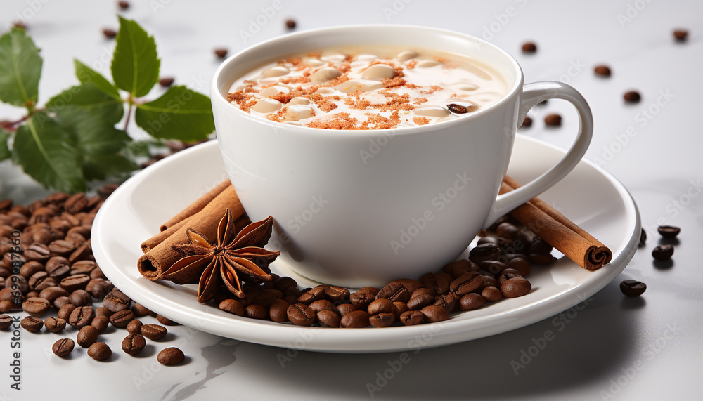 Fresh coffee bean on wooden table, hot drink with cream generated by AI Fresh coffee bean on wooden table, hot drink with cream generated by AI