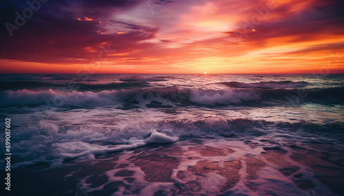 The beauty of nature reflected in the tranquil sunset waves generated by AI