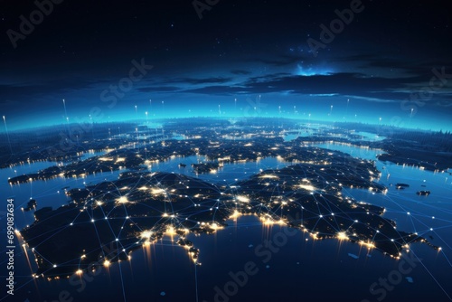 communication, connect, connection, digital, network, technology, wireless, energy, online, smart. modern city with wireless network connection. wireless network with city background at night.