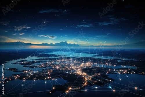 communication  connect  connection  digital  network  technology  wireless  energy  online  smart. modern city with wireless network connection. wireless network with city background at night.