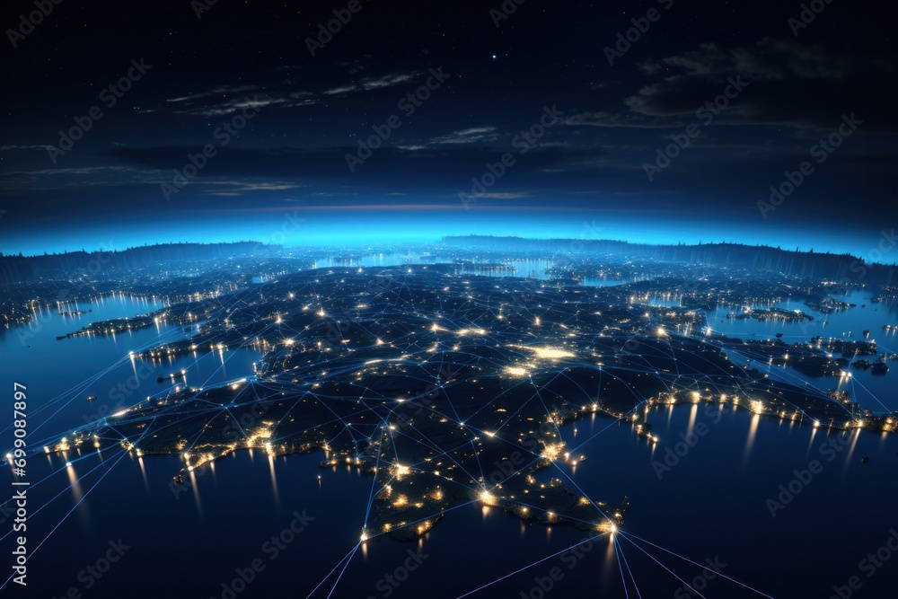 communication, connect, connection, digital, network, technology, wireless, energy, online, smart. modern city with wireless network connection. wireless network with city background at night.